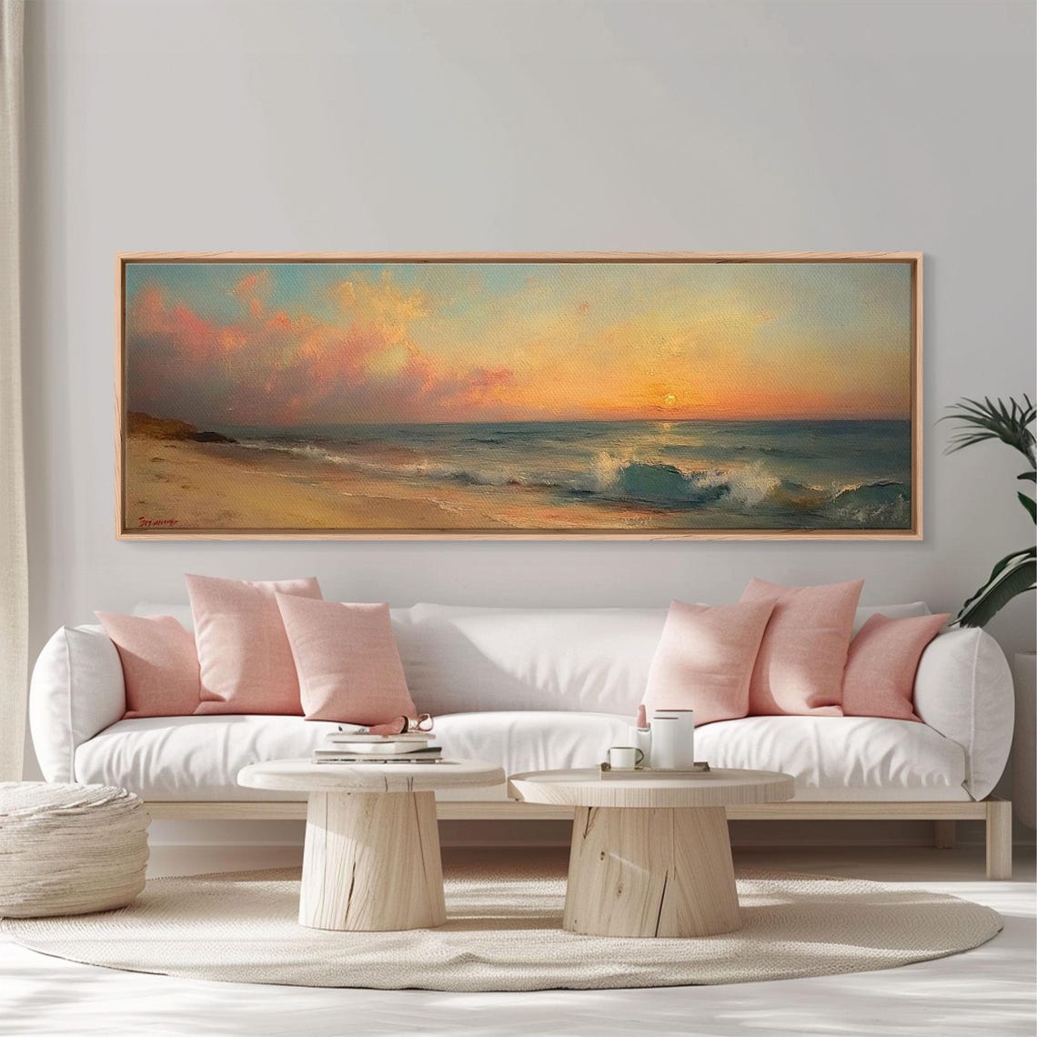 Beach Sunset Pink Clouds Rolling Waves Shore Panoramic Travel Poster - Image 2