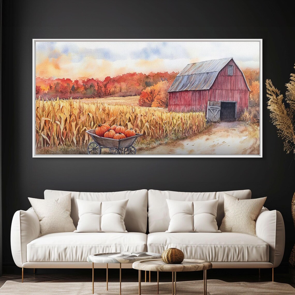 Red Barn Pumpkin Wheelbarrow Golden Cornfield Autumn Landscape Art Print - Image 3