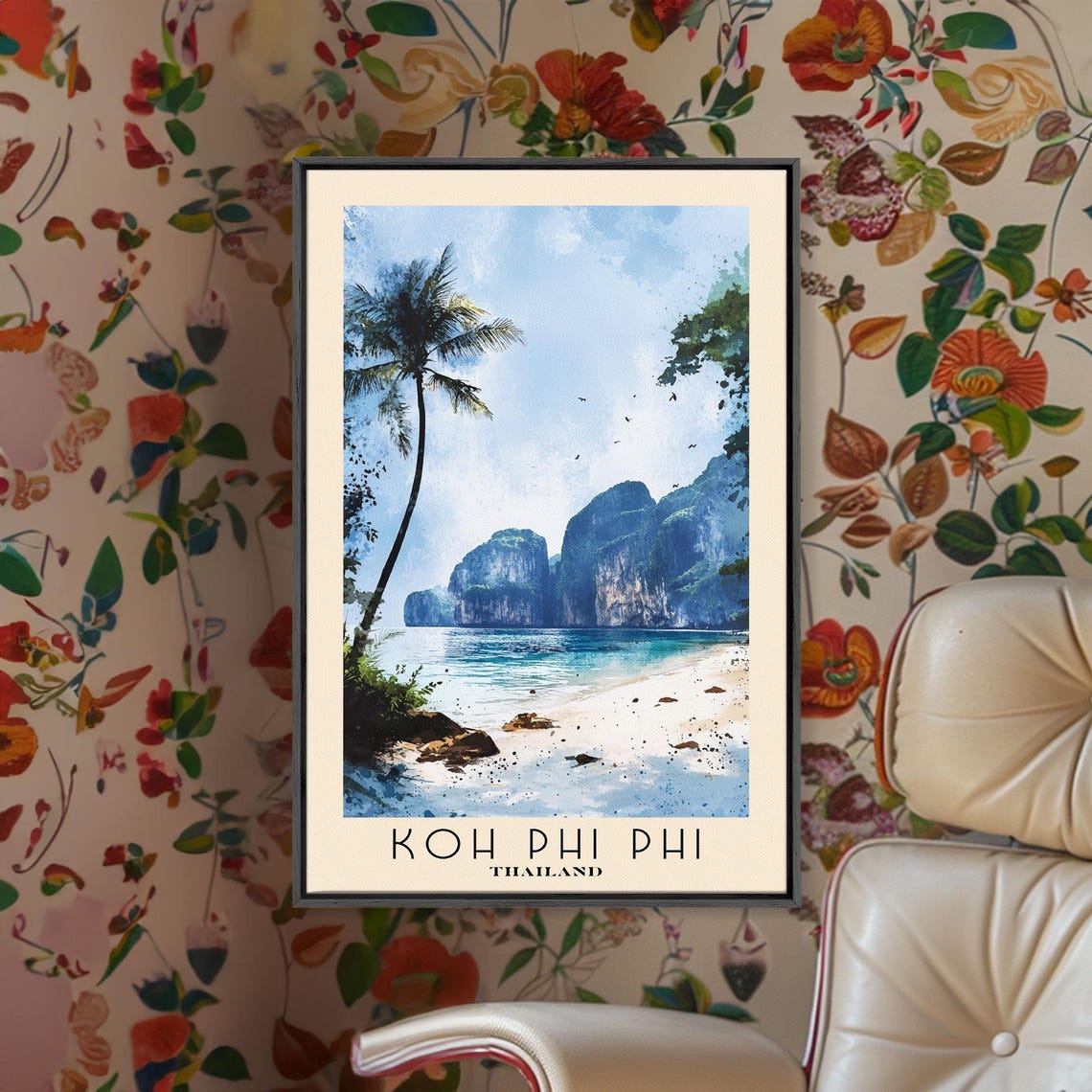 Koh Phi Phi Thailand Limestone Cliffs Palm Beach Watercolor Poster - Image 2