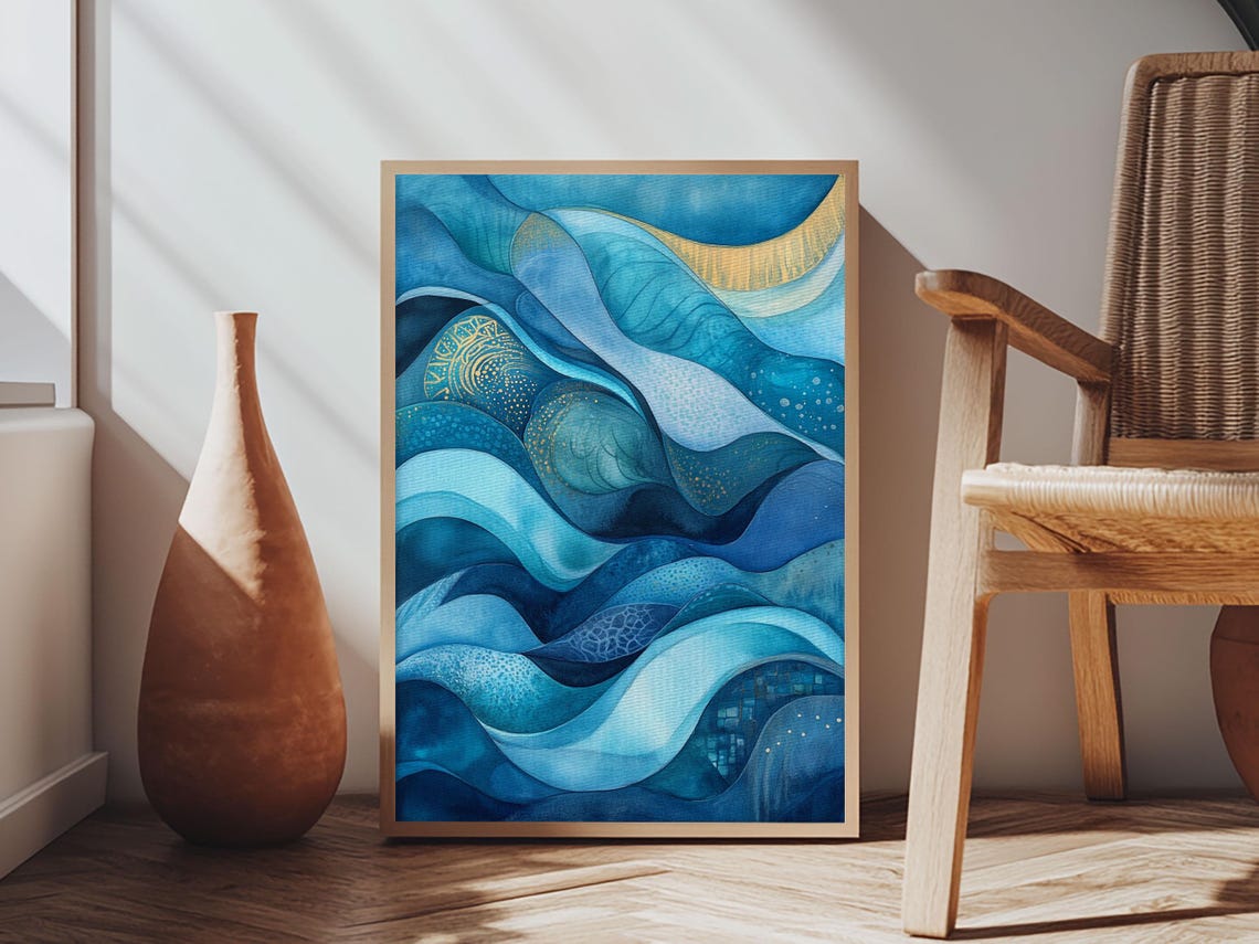 Flowing Blue Waves Layered Watercolor Coastal Abstract Ocean Wall Art - Image 3