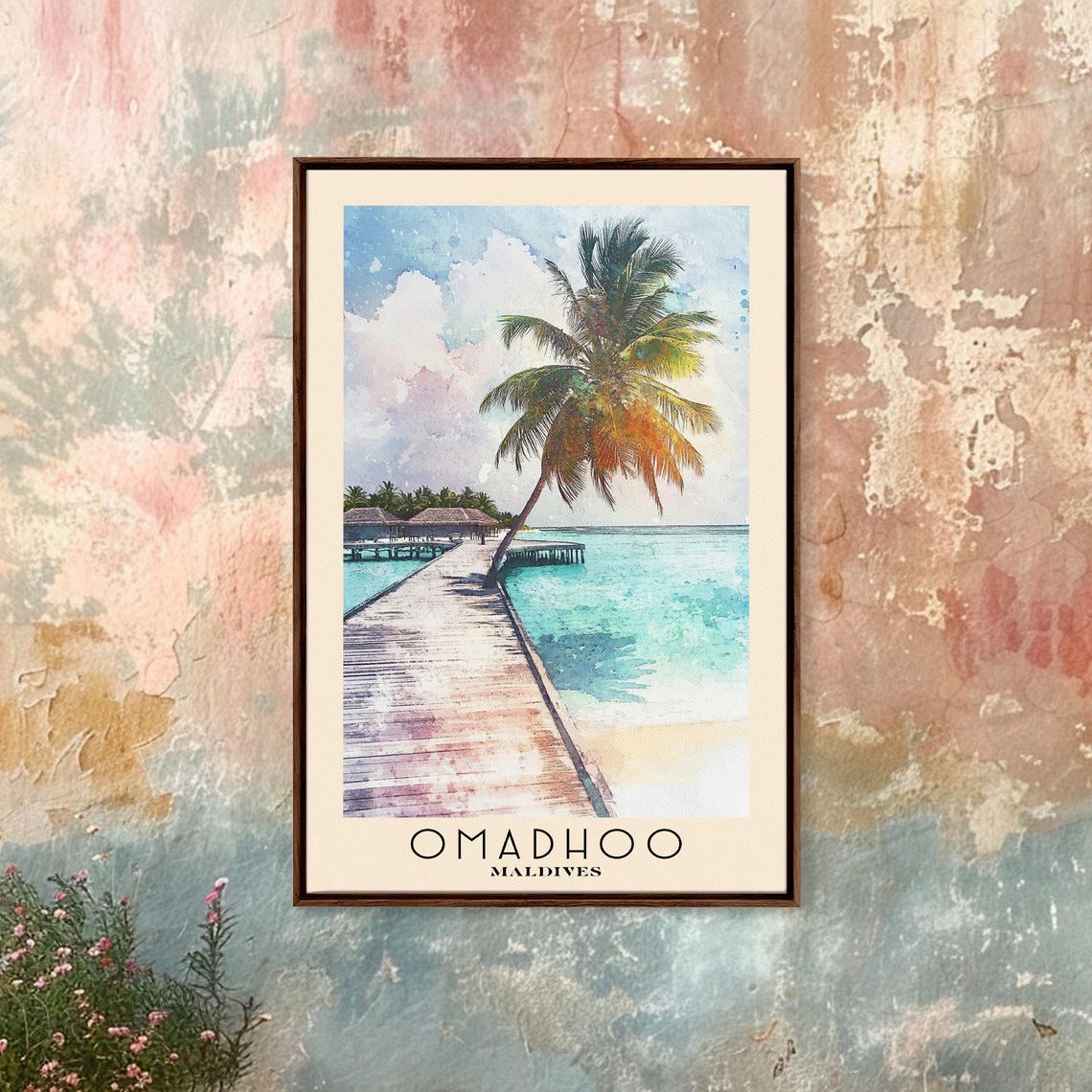 Omadhoo Maldives Leaning Palm Pier Turquoise Lagoon Watercolor Poster
