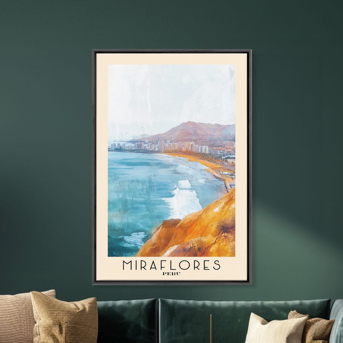 Miraflores Peru Coastal Cliffs City Skyline Sunset Watercolor Poster - Image 5