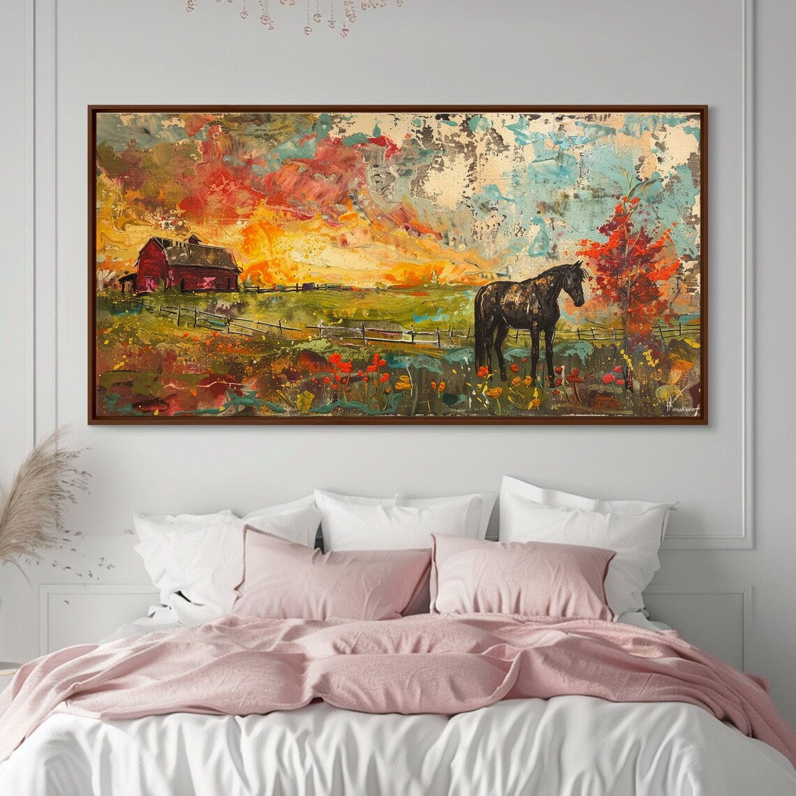Black Horse Autumn Field Red Barn Colorful Sky Farm Painting Poster - Image 5