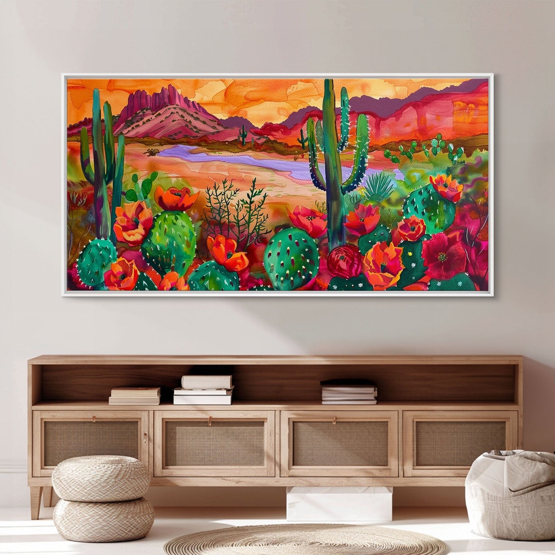 Blooming Prickly Pear Cactus Desert Purple Mountain Sunset Art Poster - Image 2