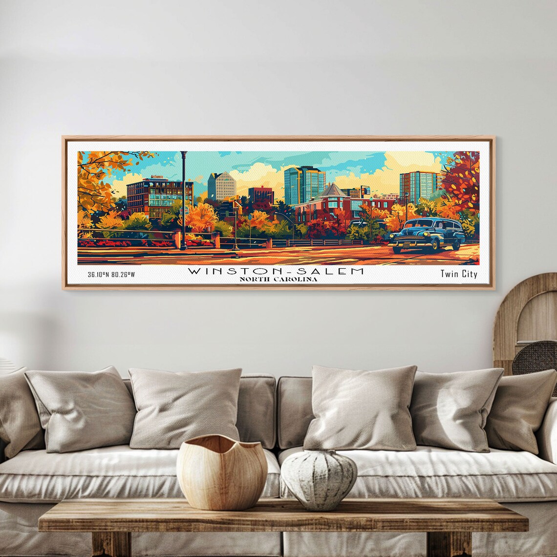 Winston-Salem North Carolina Skyline Vintage Car Autumn Travel Poster - Image 2
