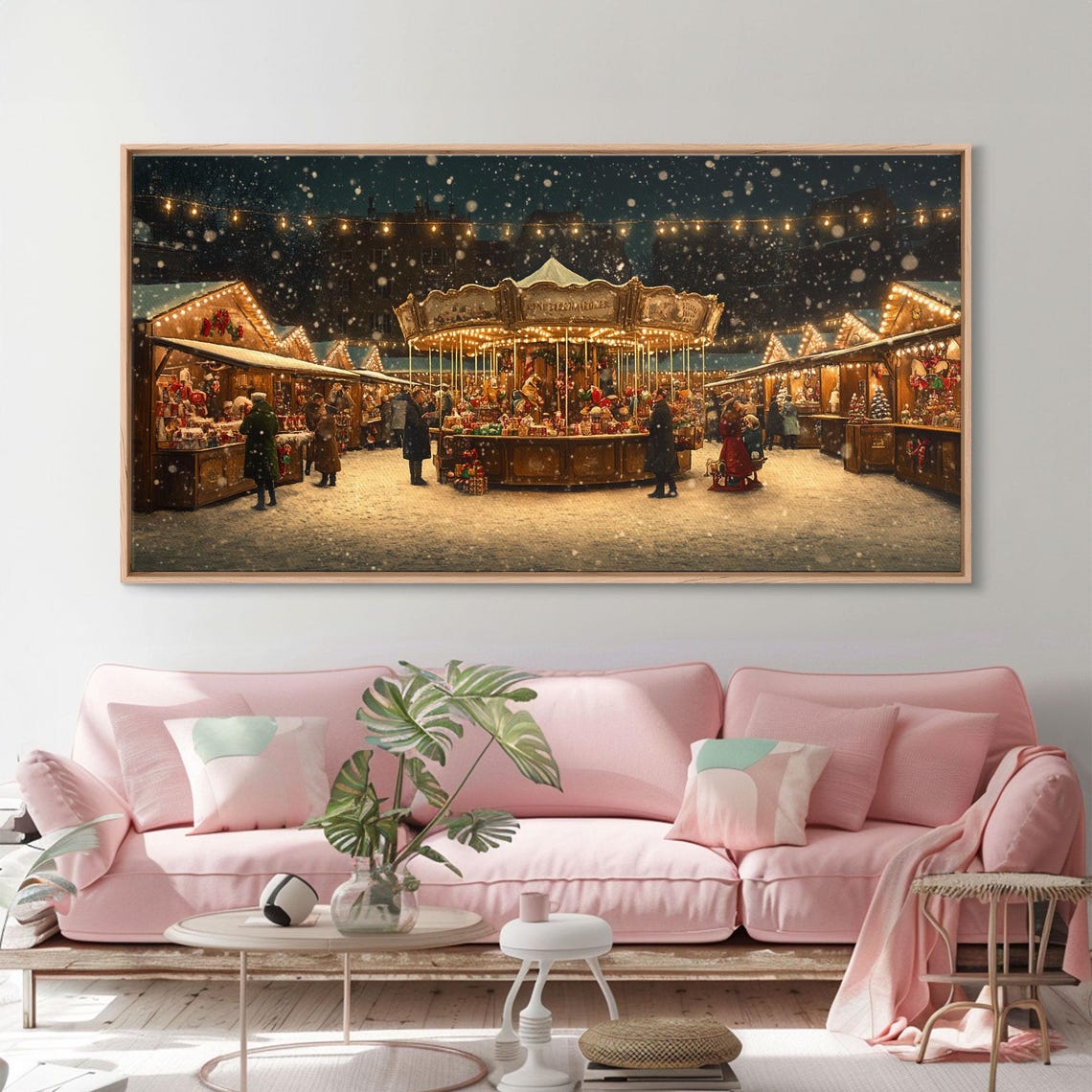 Night Christmas Market Carousel Snow String Lights Festive Poster - Image 6