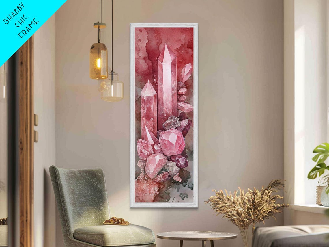Rose Quartz Crystal Cluster Watercolor Vertical Moody Healing Wall Art