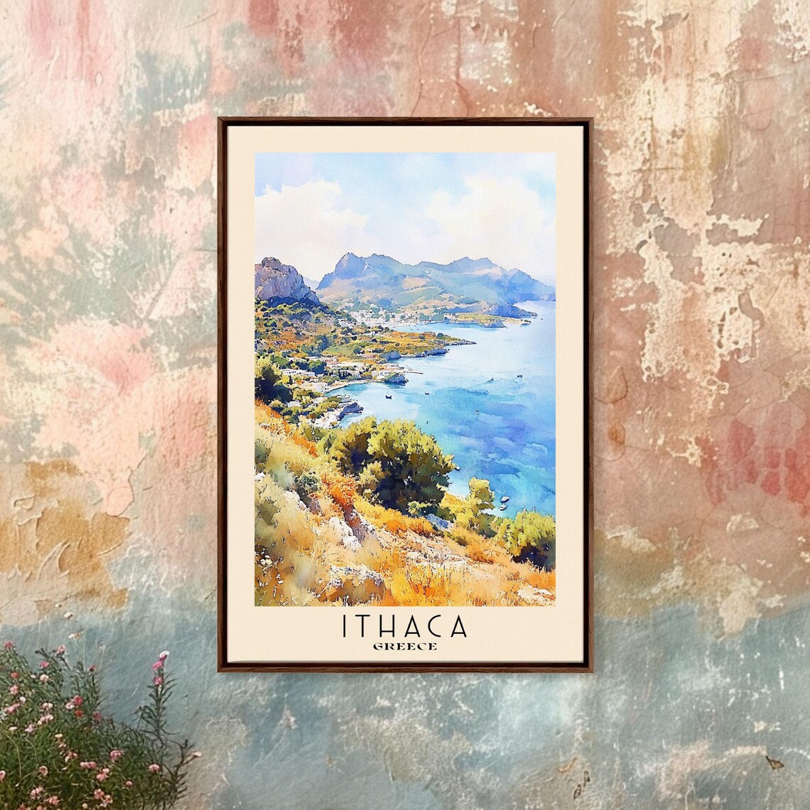 Ithaca Greece Bay Hillside Golden Autumn Coast Watercolor Travel Poster - Image 4