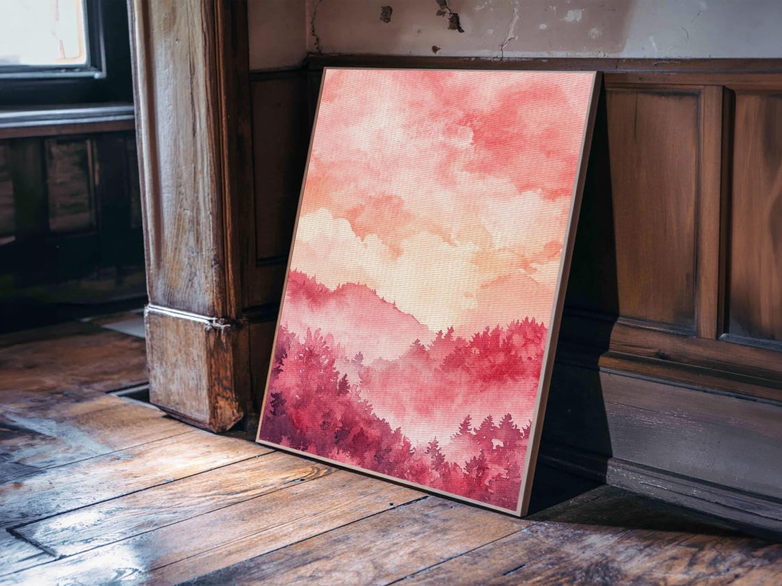 Pink Mountain Forest Sunset Watercolor Landscape Wall Art Print - Image 4