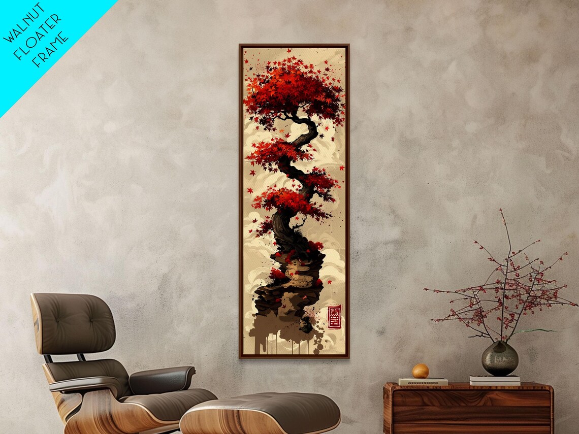 Vibrant Red Maple Tree With Twisting Branches On A Beige Background Ukiyo E Art Japanese Framed Print Skinny Tall Art - Image 6