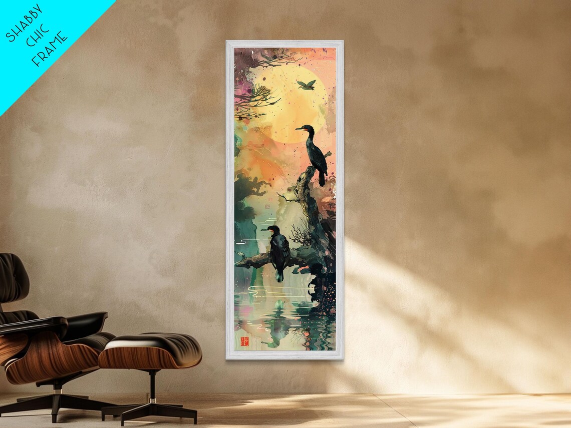 Black Cormorants Water Moon Watercolor Japanese Style Tall Poster - Image 4