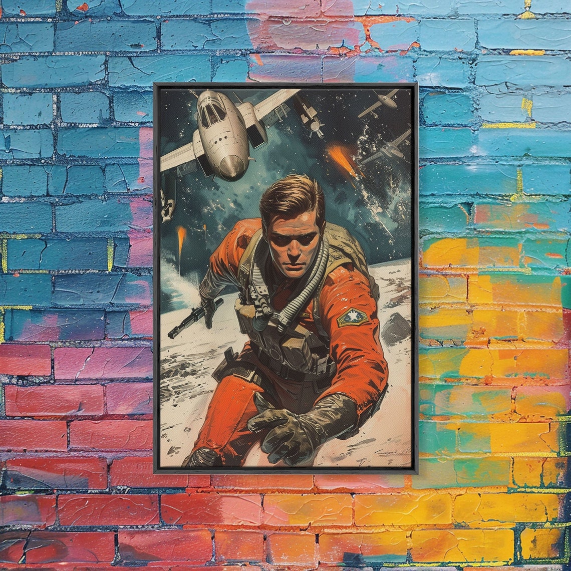 Retro Comic Space Pilot Poster Soldier Reaching Out with Jet Above - Image 2