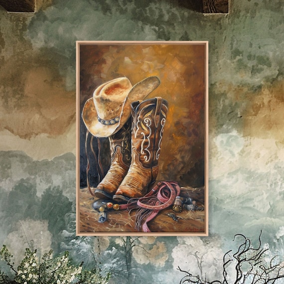 Cowboy Boots and Hat Rustic Western Art Print