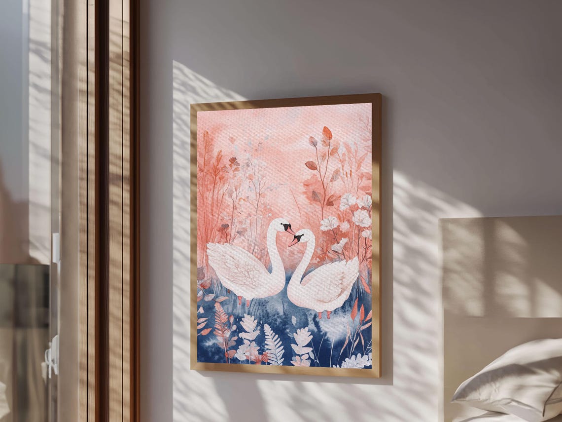White Swans Pair Pink Pond Floral Watercolor Romantic Bird Wall Art