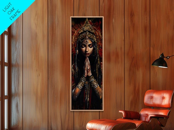 Goddess Prayer Painting Framed Print Kerala Mural Art With Rich Red And Gold Dark Angels Wall Art For Boho Bedroom Decor