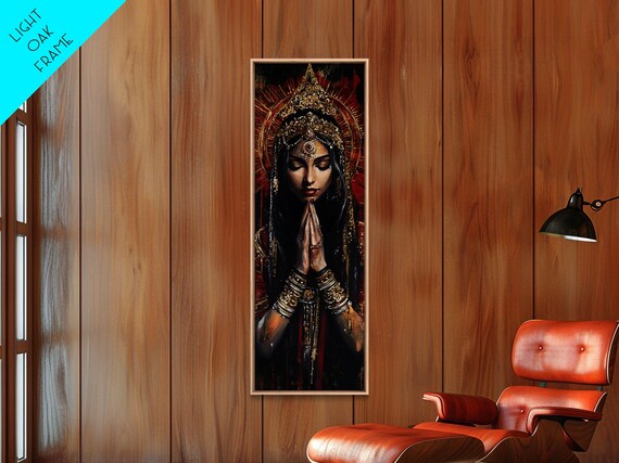 Indian Goddess Prayer Golden Halo Dark Red Ornate Art Poster
