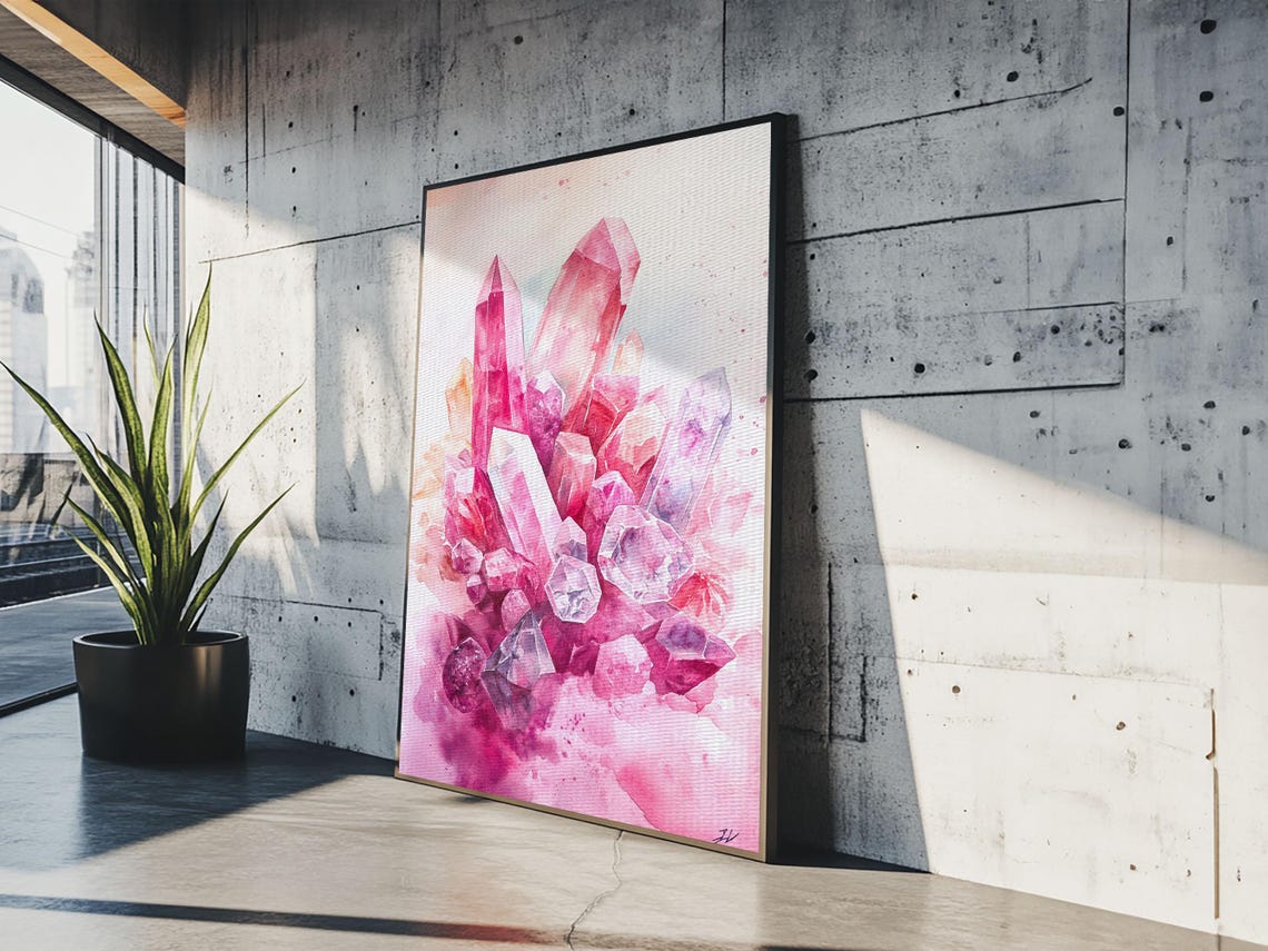 Pink Crystal Cluster Watercolor Gemstone Healing Spiritual Wall Art - Image 5