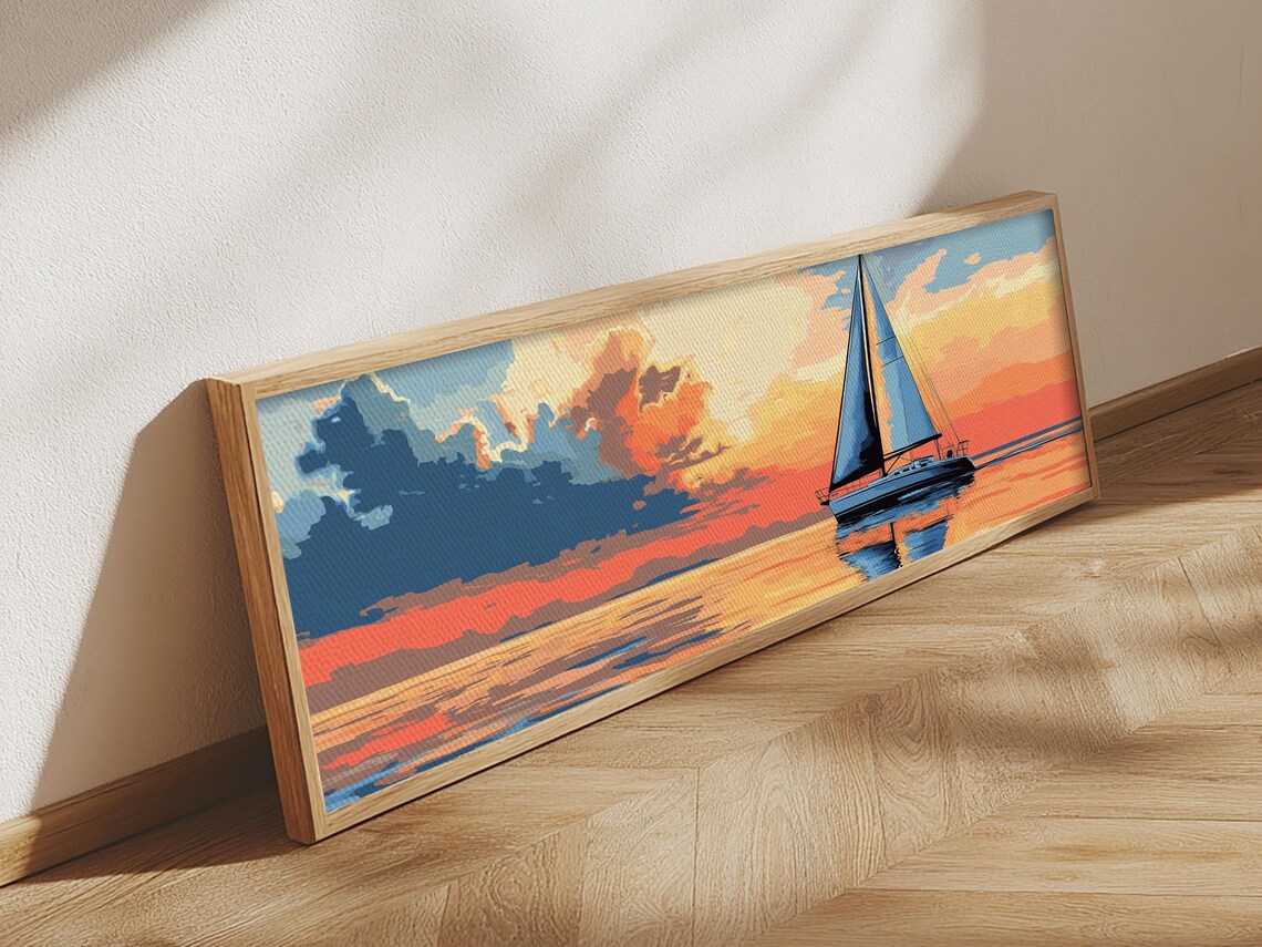 Retro Sailboat Sunset Pop Art Seascape Painting Calm Ocean Golden Sky Poster - Image 5