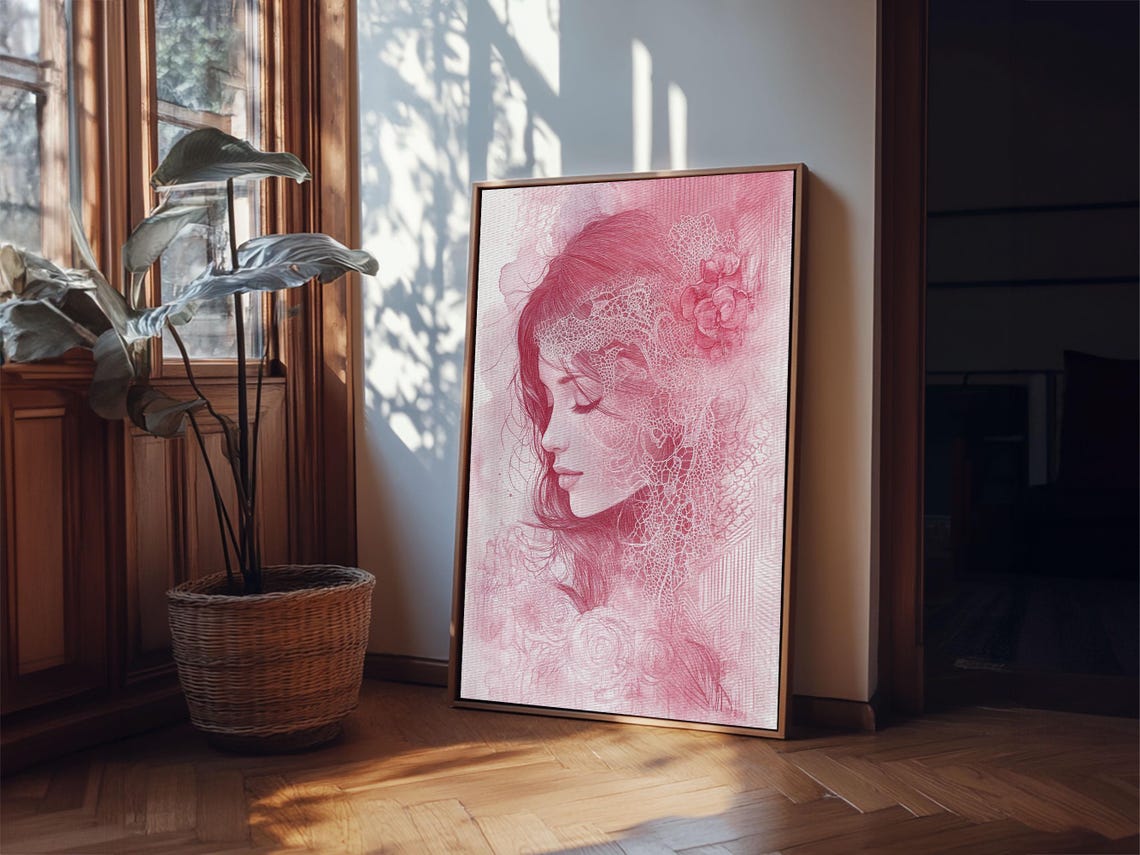 Pink Woman Portrait Lace Floral Sketch Elegant Romantic Art Poster - Image 2