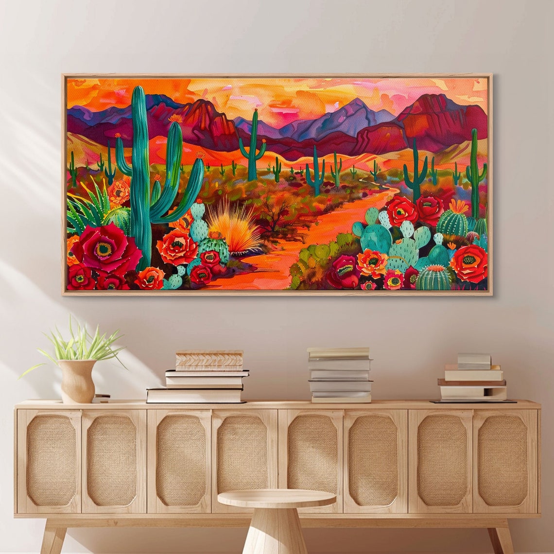 Desert Cactus Garden Red Blooms Orange Sunset Mountain Art Poster - Image 5