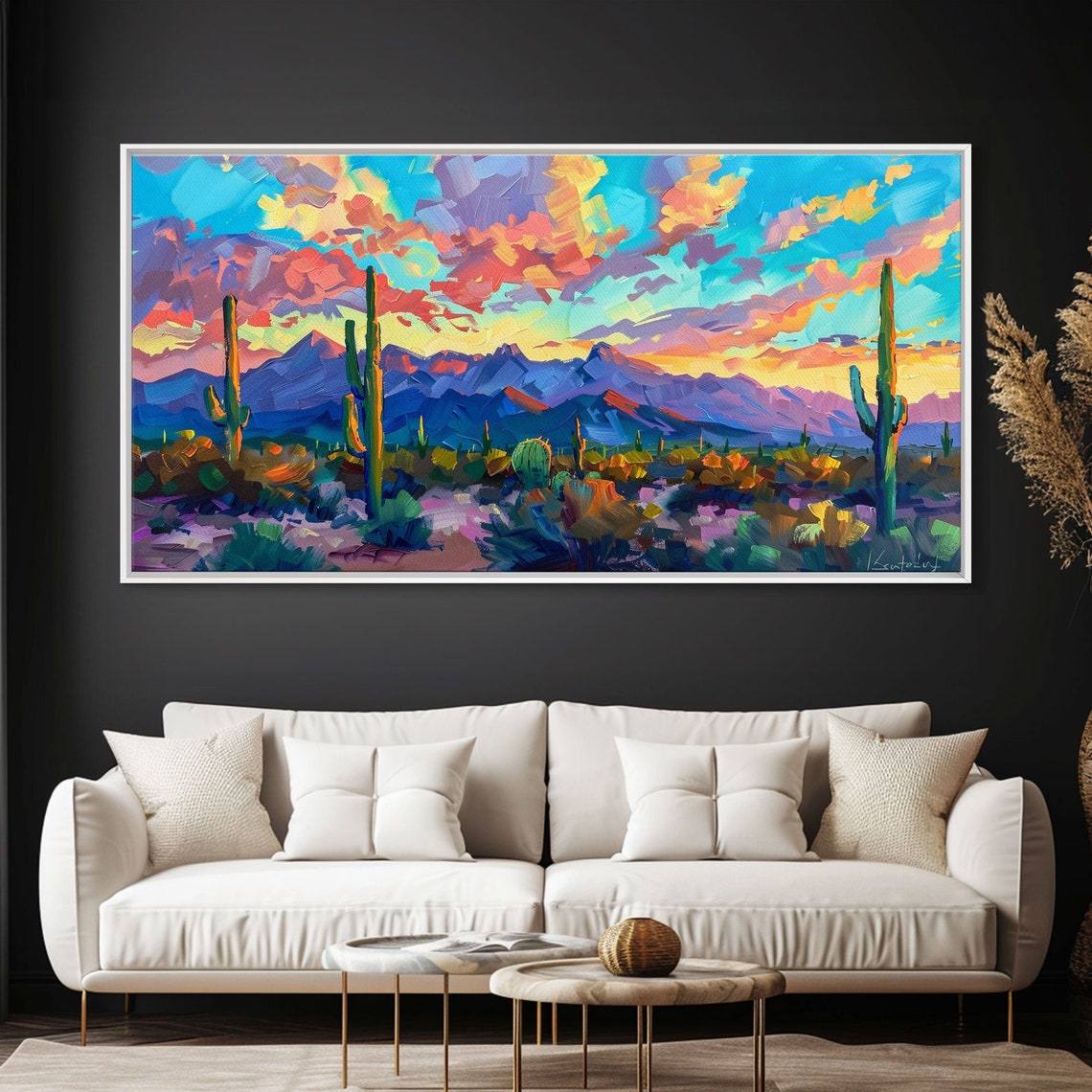 Colorful Desert Sunset Saguaro Cacti Purple Mountain Abstract Poster - Image 3