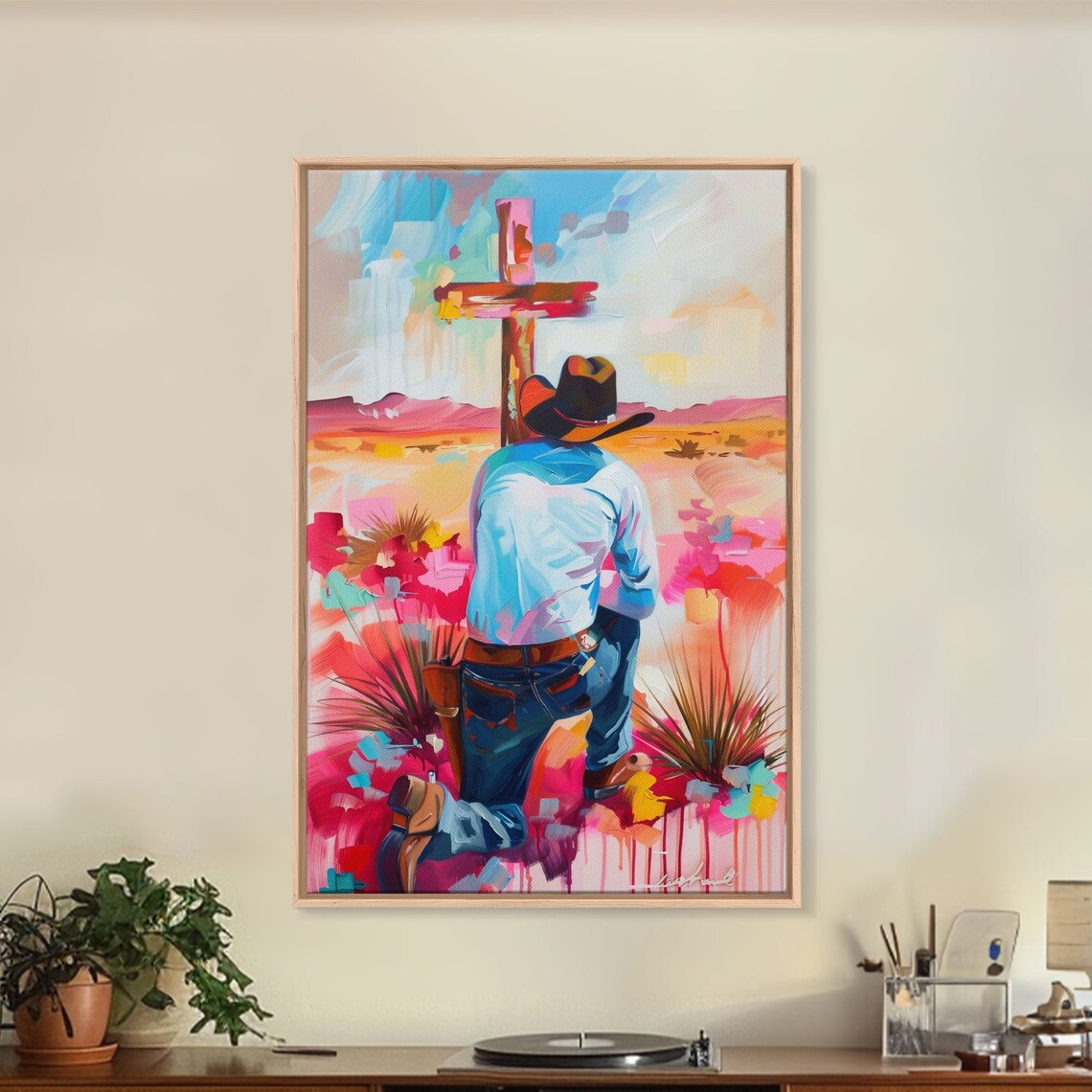 Cowboy Praying by the Cross, Western Wall Art Print