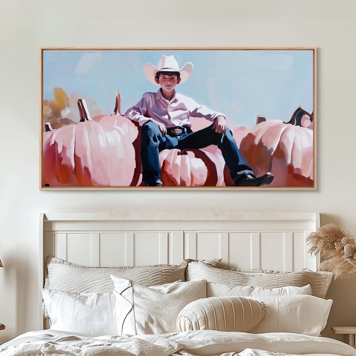 Little Cowboy In White Hat Sitting On Giant Pink Pumpkins Retro Poster