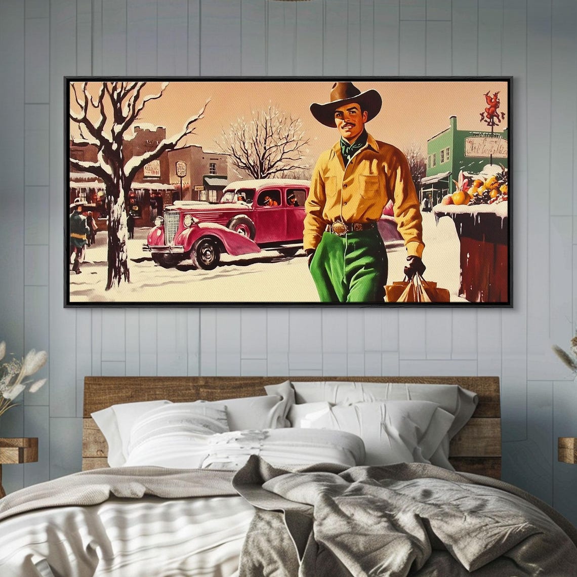Retro 1950s Cowboy Strolling Snowy Small Town Street Christmas Poster - Image 5