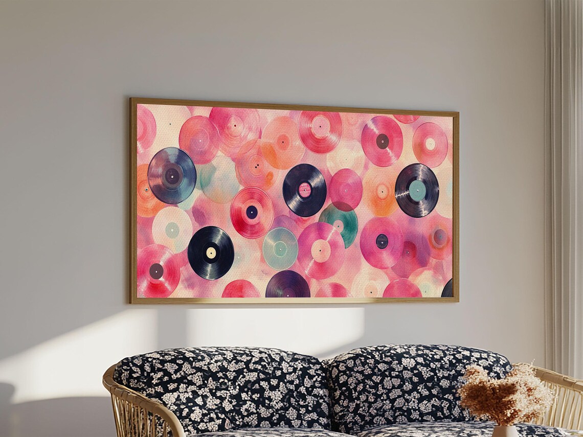 Colorful Vinyl Records Retro Music Painting Pink Abstract Wall Art Poster
