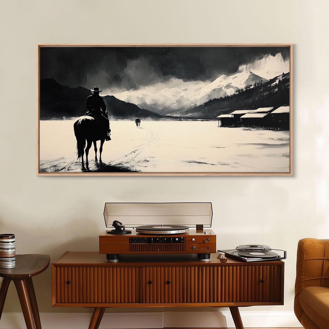 Cowboy Riding Through Snow Toward A Mountain Ranch Black White Print - Image 6