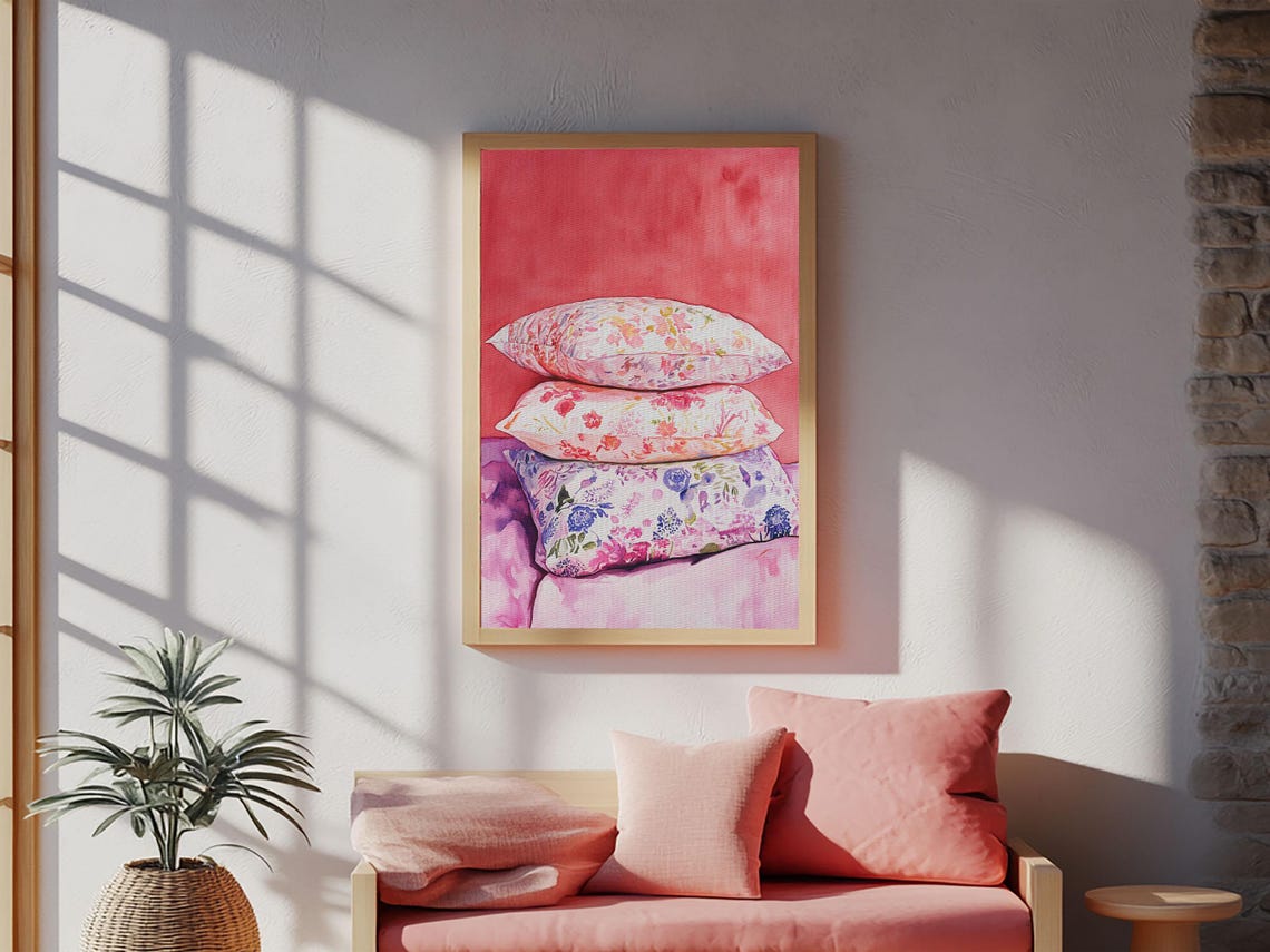 Floral Pillows Stack Watercolor Cozy Pink Bedroom Wall Art Poster