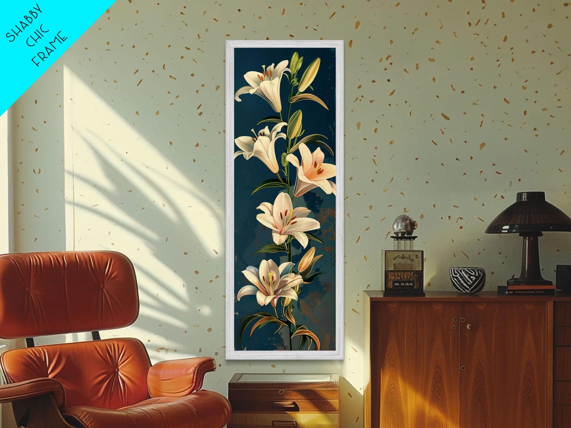 White Lilies On Green Stems Against Deep Teal Ukiyo E Style Art Poster
