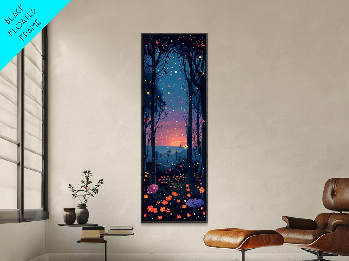 Starry Night Forest With Glowing Fireflies And Red Blooms Art Poster - Image 3