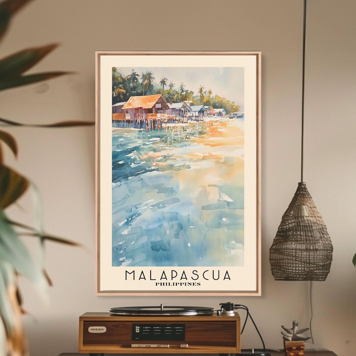 Malapascua Philippines Stilt Houses Over Sea Palm Trees Watercolor Poster