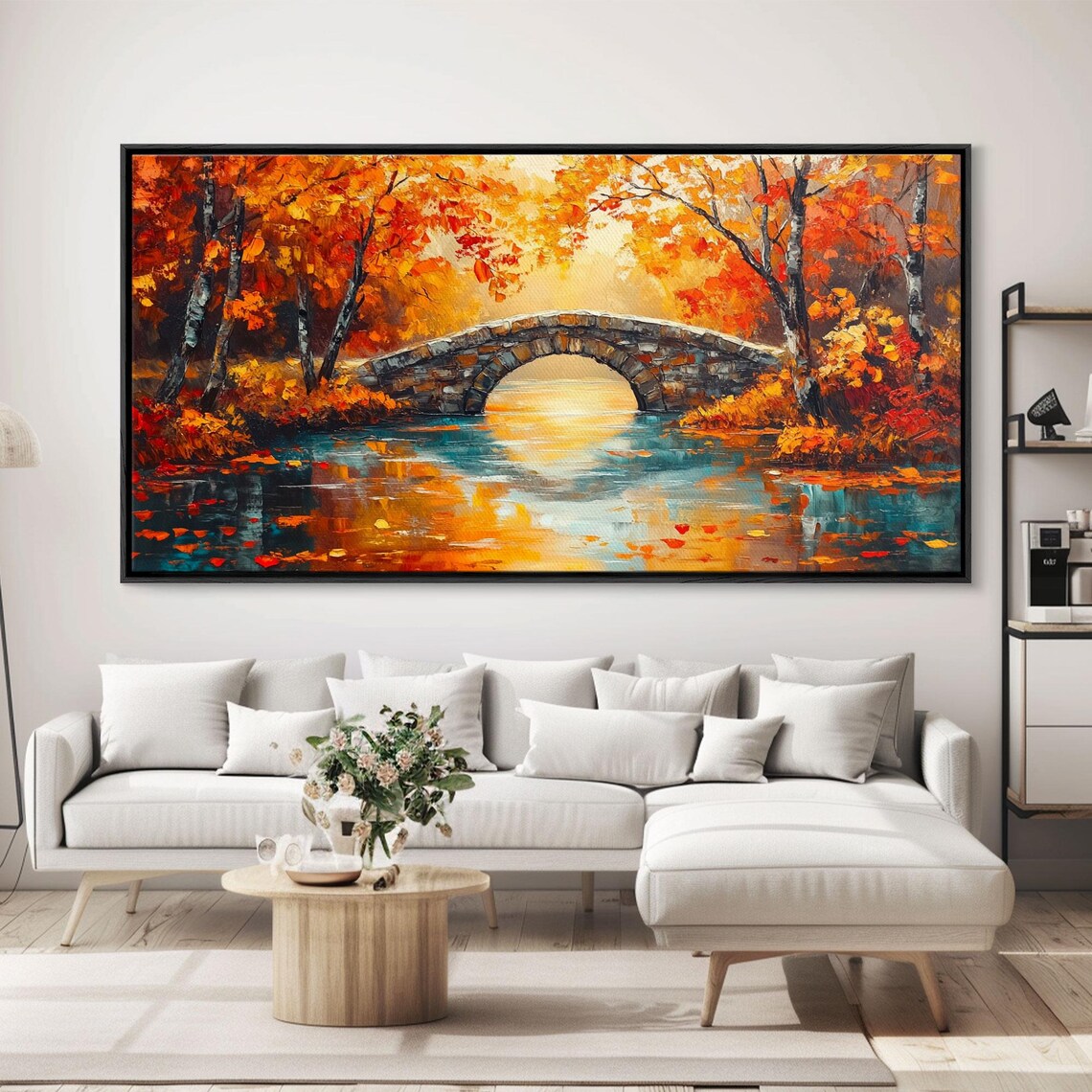 Autumn Stone Bridge River Golden Foliage Vibrant Oil Painting Print - Image 5
