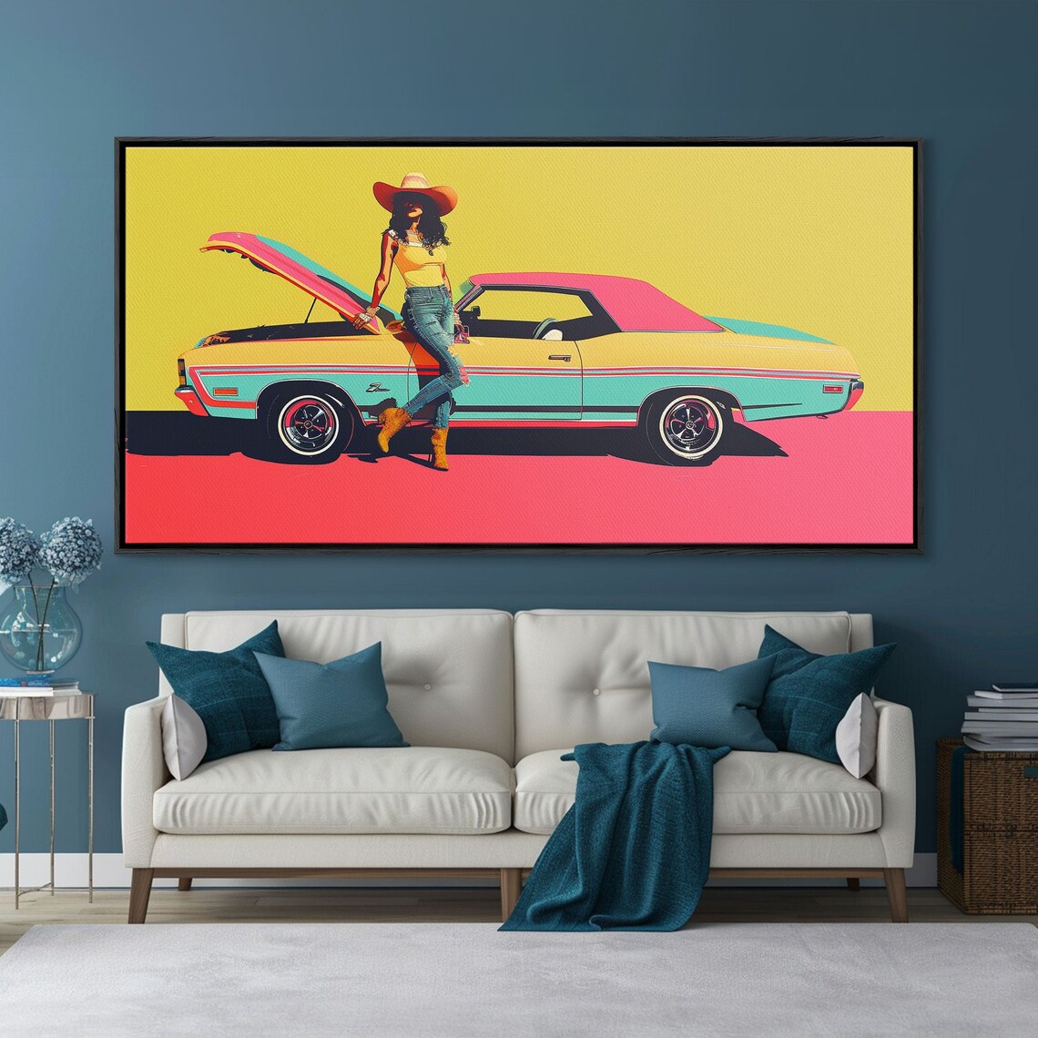 Colorful Pop Art Cowgirl Leaning On Retro Two Tone Classic Car Poster - Image 4
