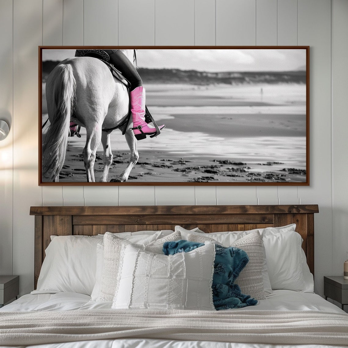 Pink Cowboy Boot On White Horse Beach Ride Selective Color Print - Image 2