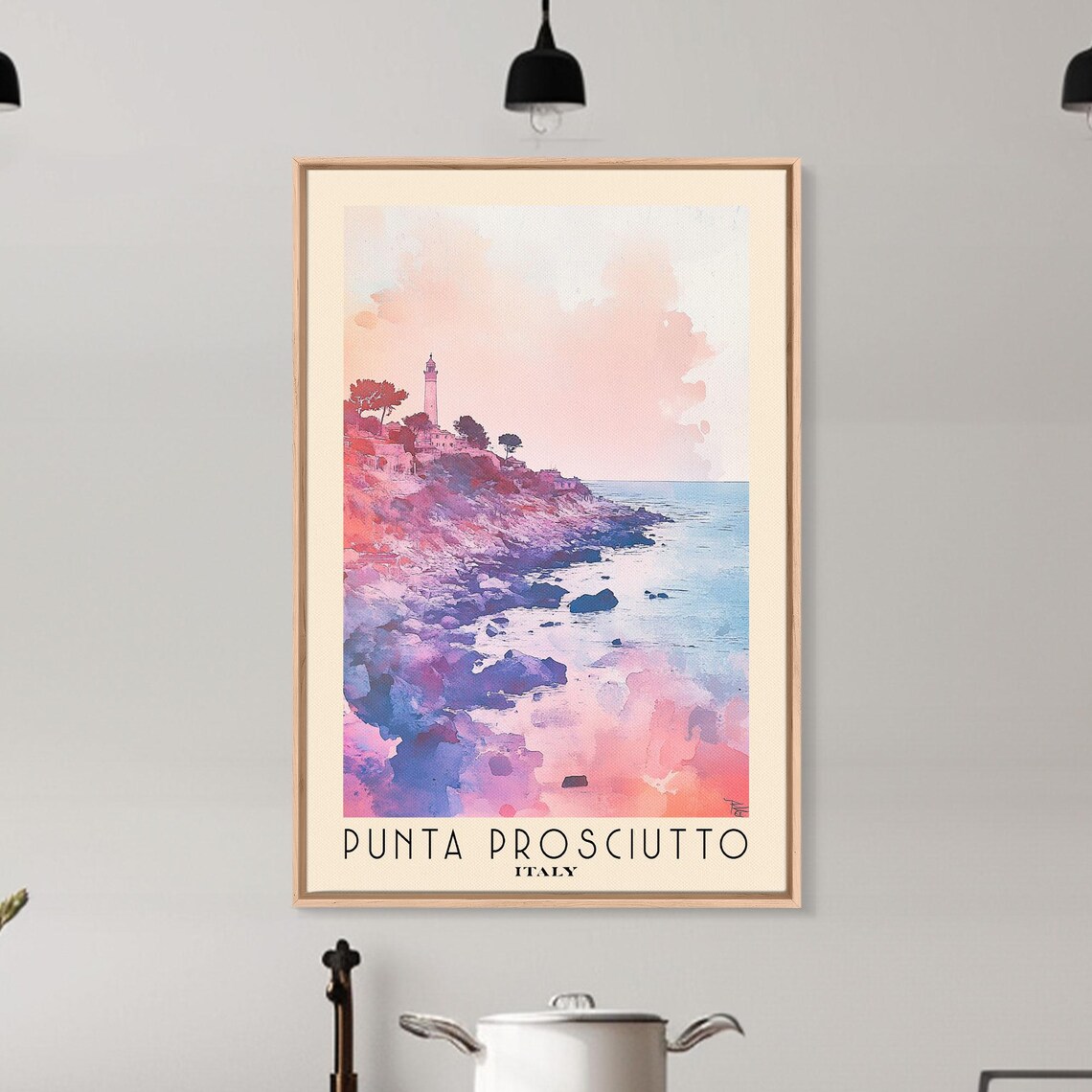 Punta Prosciutto Italy Lighthouse Rocky Headland Pink Sunset Coast Watercolor Poster - Image 6