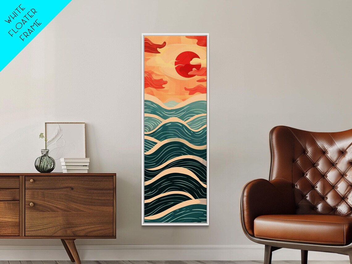 Red Sun Over Layered Teal Ocean Waves Japanese Seigaiha Style Tall Poster - Image 3