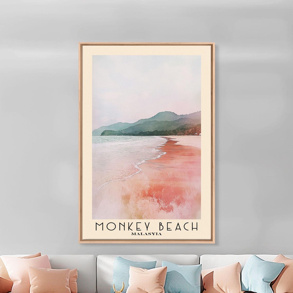 Monkey Beach Malaysia Sunset Calm Shore Palm Hills Watercolor Poster - Image 3