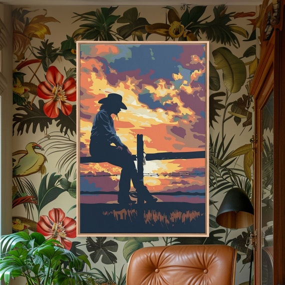 Silhouette Of Cowboy At Sunset Framed Print Vibrant Western Decor Stunning Wall Art For Living Room Bedroom