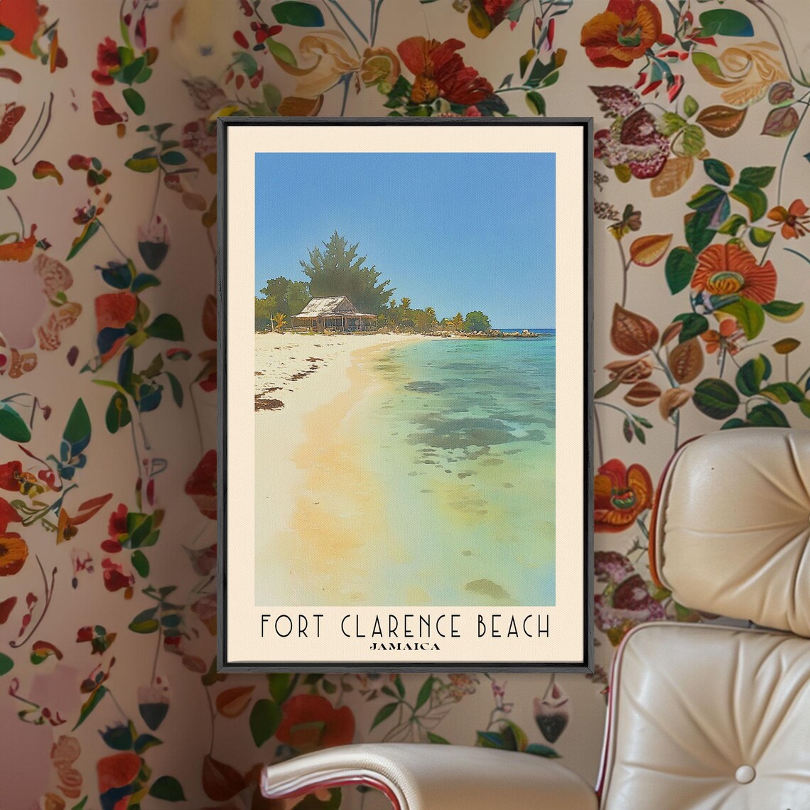 Fort Clarence Beach Jamaica White Sand Turquoise Shallows Beach Hut Watercolor Poster - Image 2