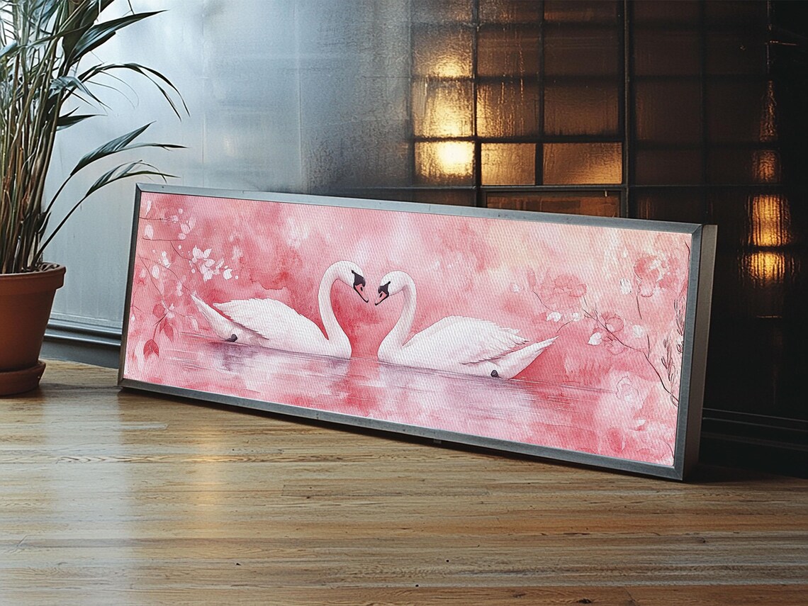 Romantic Swan Couple Pink Lake Watercolor Love Birds Wall Art - Image 5