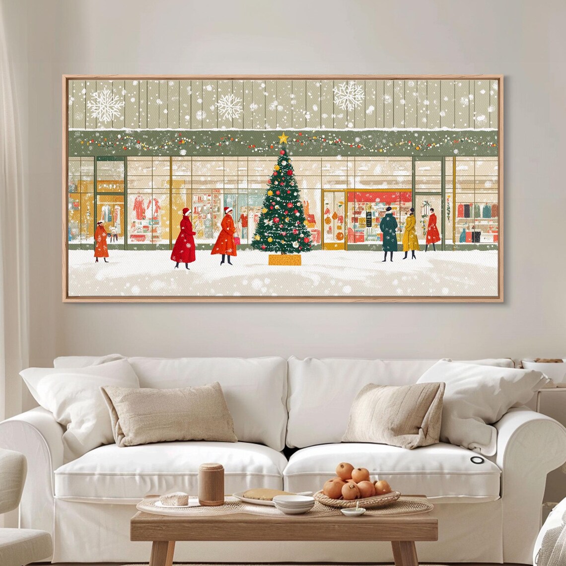 Mid Century Christmas Tree Shopping Scene With Shoppers Art Print