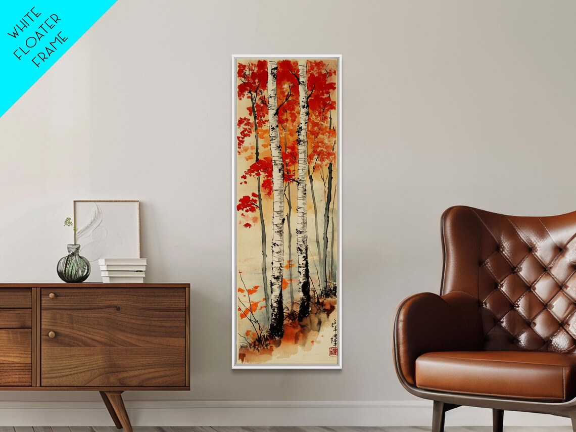Japanese Birch Trees Autumn Red Leaves Traditional Ink Art Poster - Image 4