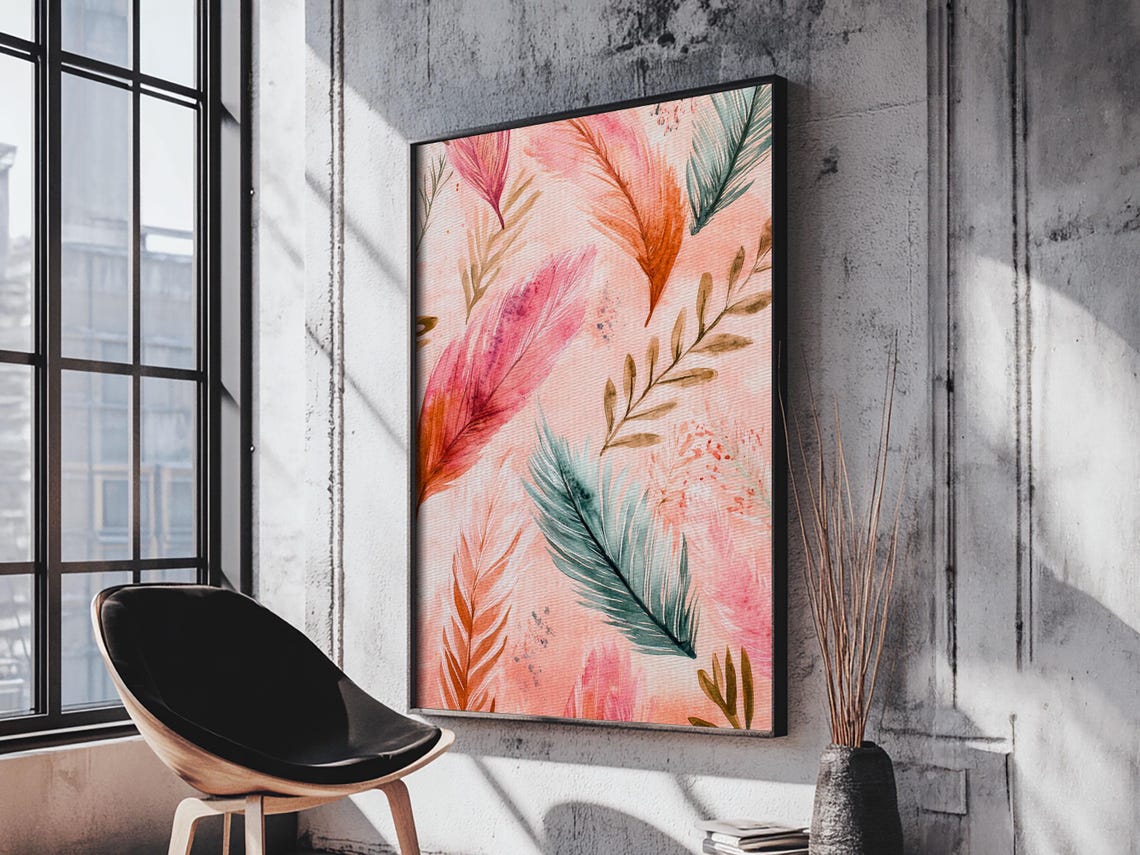 Colorful Feathers Watercolor Pink Teal Boho Bedroom Wall Art Poster - Image 2