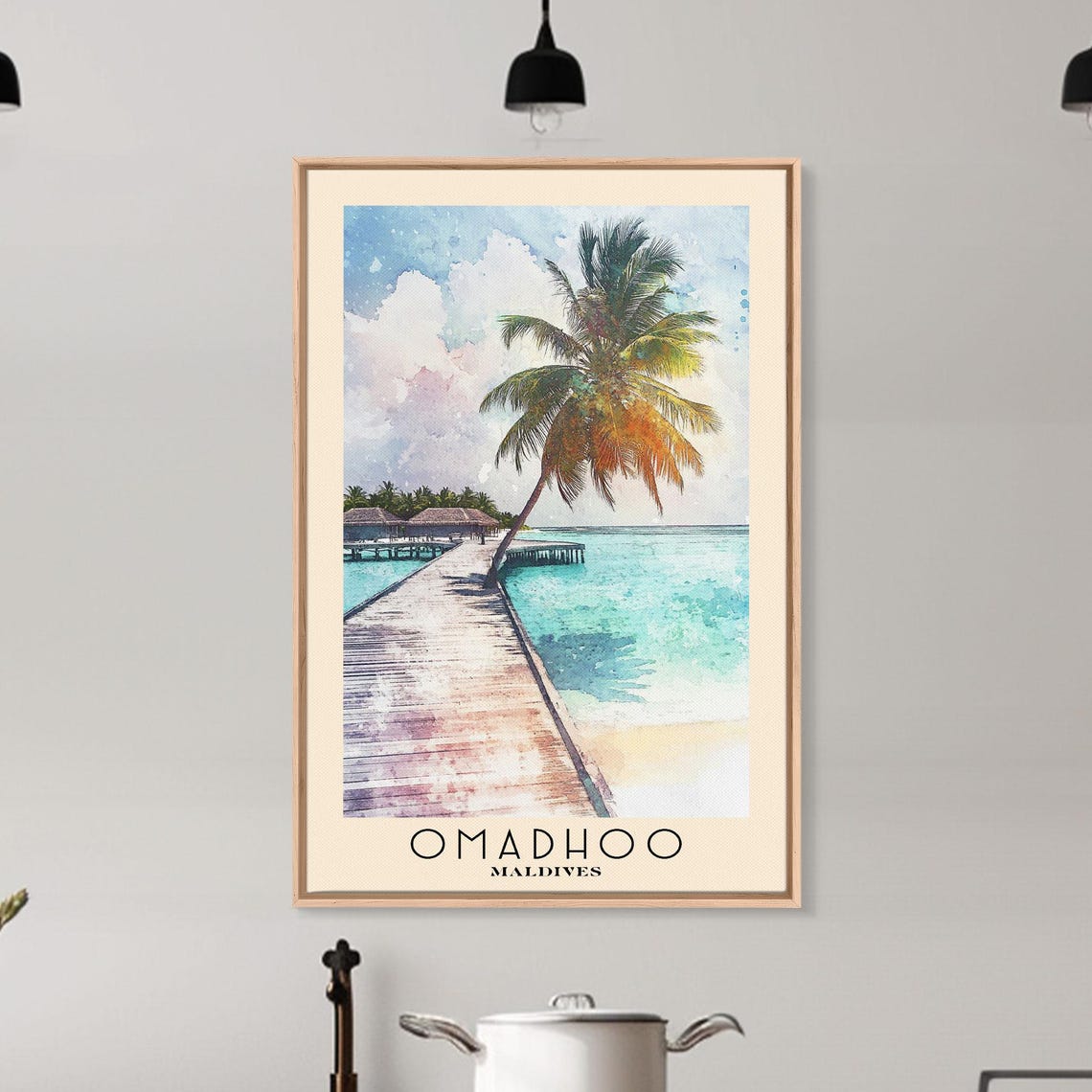 Omadhoo Maldives Leaning Palm Pier Turquoise Lagoon Watercolor Poster - Image 6
