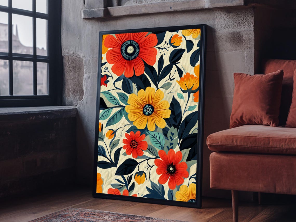 Mid Century Modern Floral Pattern Bold Retro Blooms Cream Art Poster - Image 3
