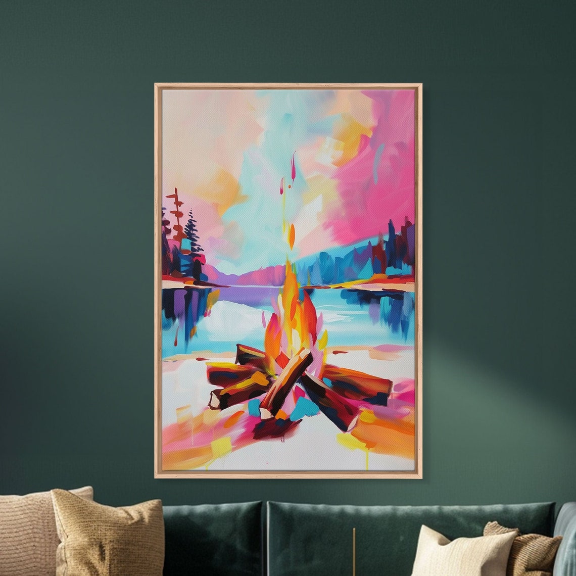 Campfire Lakeside Sunset Colorful Abstract Outdoor Adventure Wall Art - Image 2