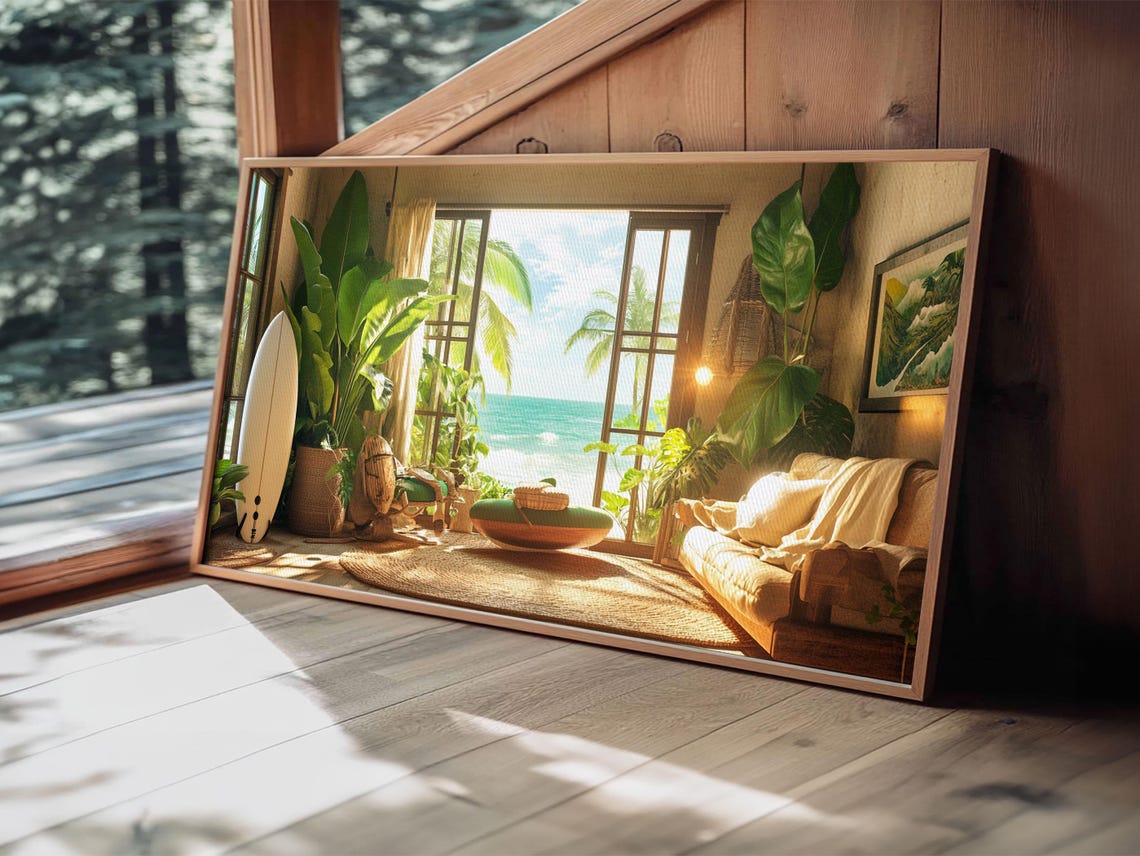 Sunny Surf Beach Interior Open Doors Ocean View Palm Plants Wall Art - Image 6